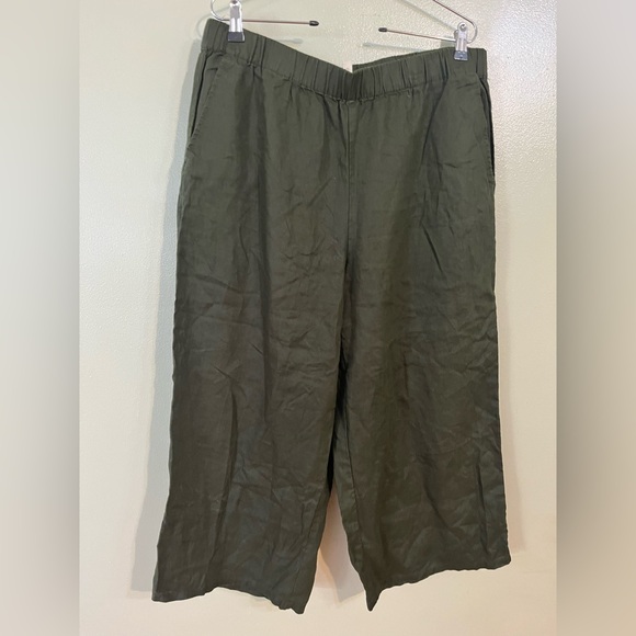 Eileen Fisher Organic Linen Olive Green Wide-Leg PPull On Crop Pants Pockets L - Picture 4 of 12